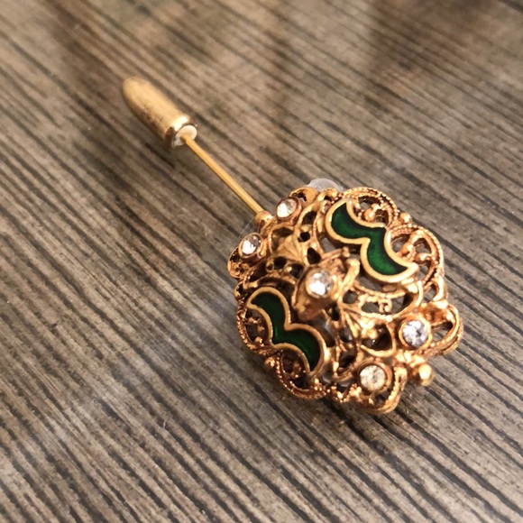 Vintage FLORENZA Stick Pin brooch Green Enamel & Rhinestones - Picture 5 of 16